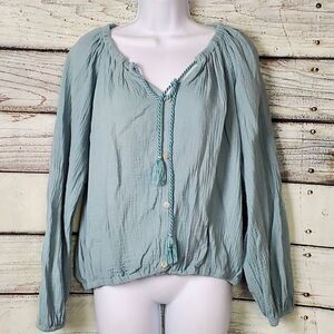 Cato Women’s Blue Cotton Peasant Top Tassel Tie Neckline Size 14/16W